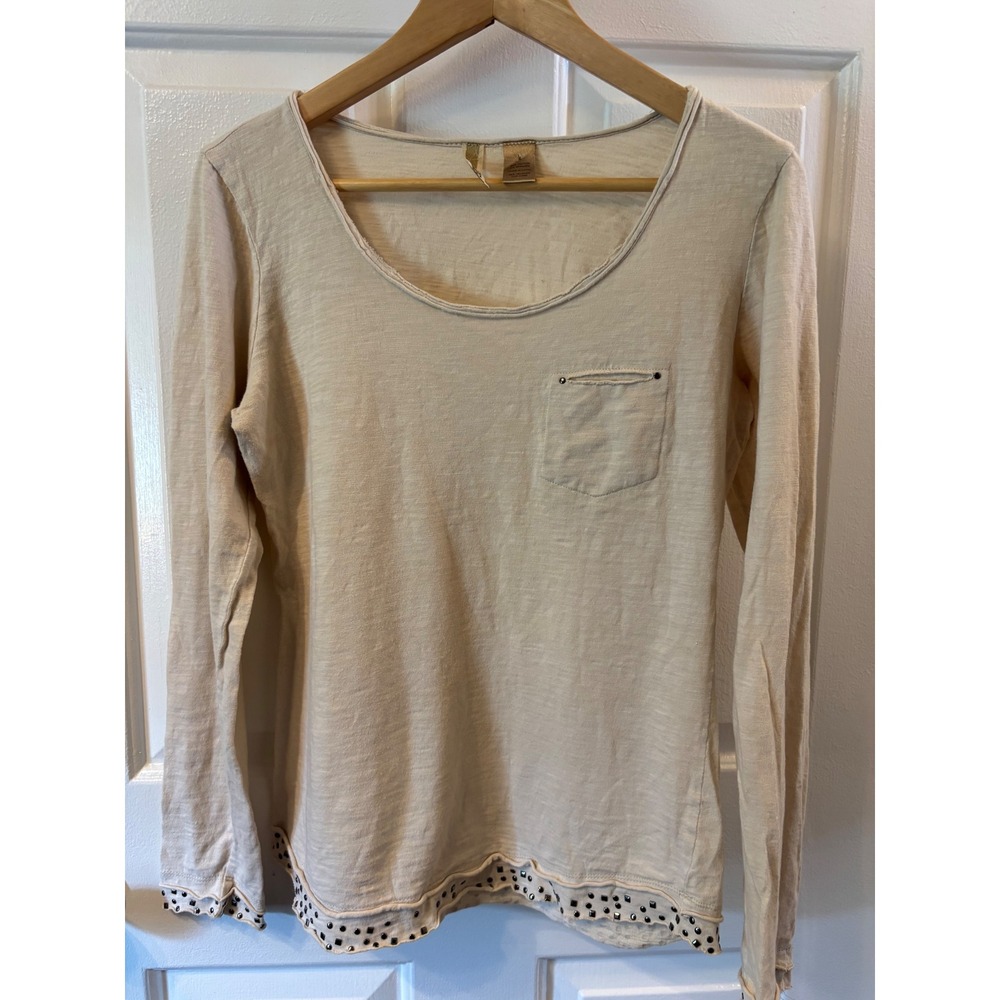 BKE Womens Cream Studded Raw Hem Long Sleeve Pocket Top Beige Size L